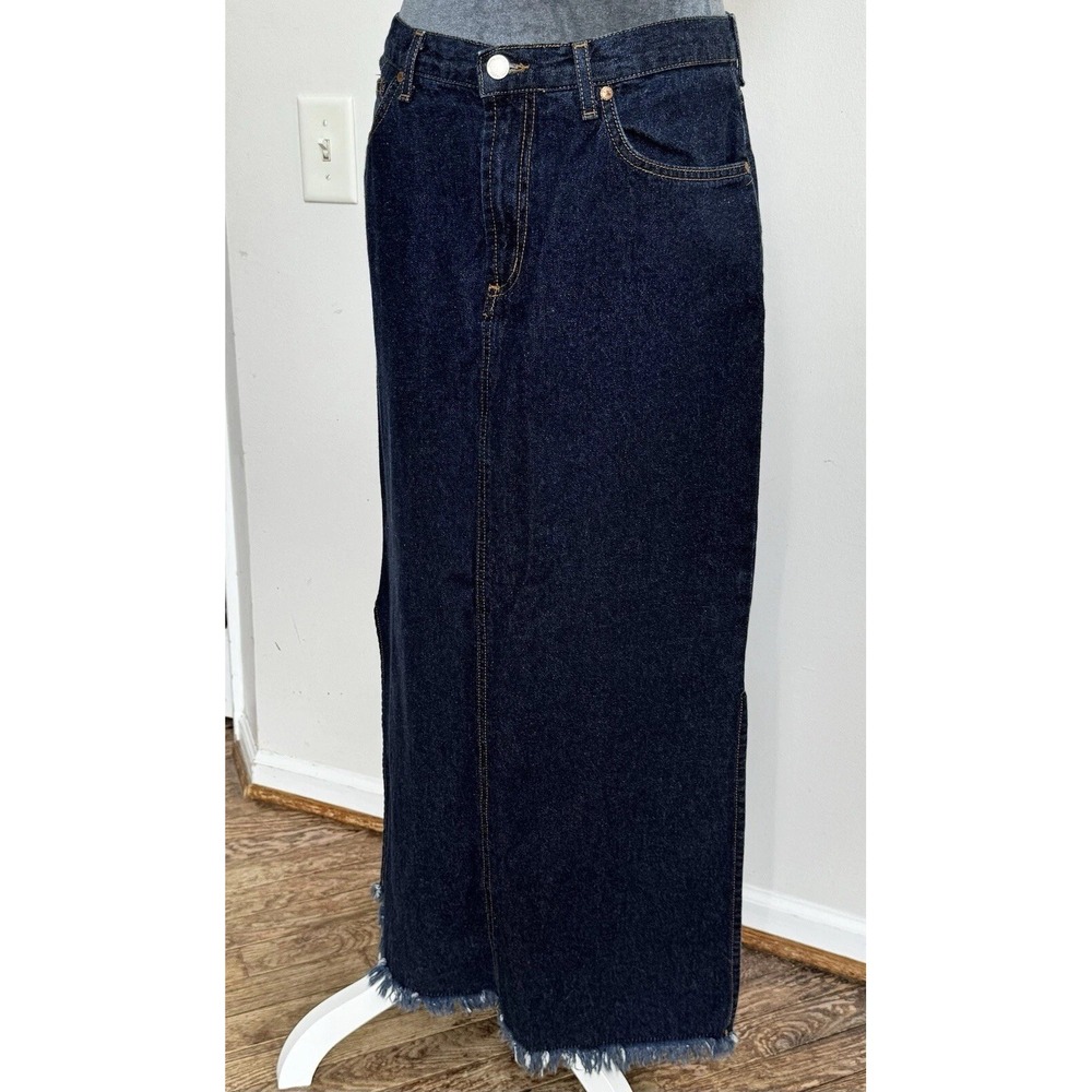 Vtg Y2K Denim Jean Fringe Skirt 11 Dark Wash Cowgirl Western Country Boho USA - Picture 13 of 16